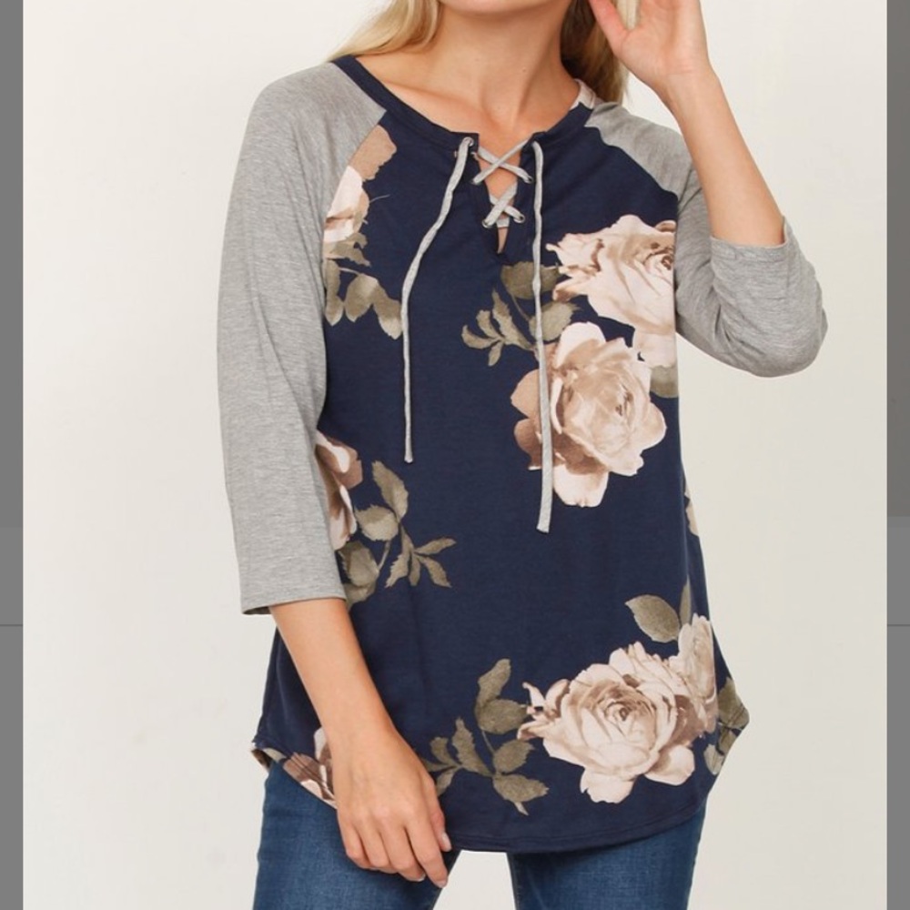 Navy & Grey Floral 3/4 Sleeve Raglan Top, L